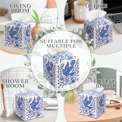 Blue Tissue Box Holder, Scandinavian Boho Bird Leather Tissue Box Cover Square, Paper Napkins Everyday Dispenser for Bathroom Vanity Countertop Night Stands Kitchen Office Car Home Decor - Image 6