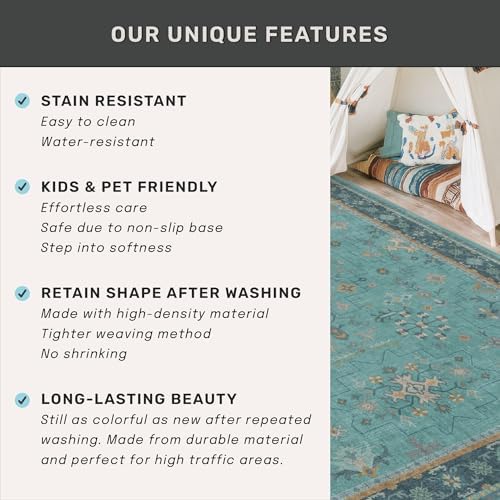Boho 2'6"x8' Wide Hallway Runner Rugs - Teal 8ft Long Washable Door Rugs for Entryway Indoor, Non Slip with Rubber Backing, Vintage Floral Indoor Décor, Low Pile & Soft Carpet - Image 6