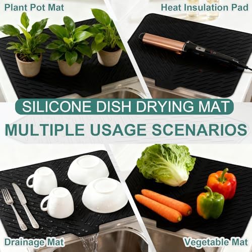 Silicone Dish Drying Mat for Kitchen Counter, 23" x 17" Black-1pcs - Image 6