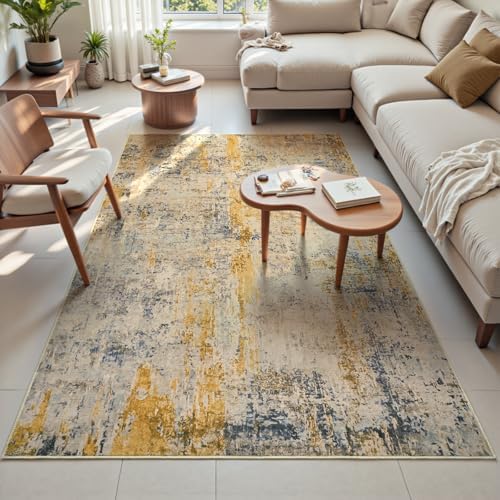 Area Rug 4x6 Beige Rug Washable Boho Rugs Non Slip Low Pile Abstract Small Carpet for Entryway, Bedroom, Kitchen, Classroom, Kids Room, Office, Dorm, Dining Room Light Tan - Image 2