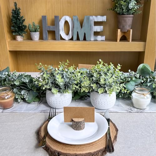 Winlyn Set of 2 Small Artificial Potted Plants Faux Eucalyptus Plant in White Geometric Ceramic Pots Small Desk Potted Plants 7.1" Tall for Home Office Room Decorations Wedding Greenery Centerpiece - Image 3