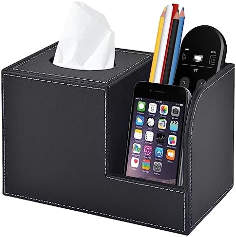 PU Leather Tissue Box Cover with Storage Square-Multifunctional Tissue Holder,Remote Control Holder,Decorative Tissues Boxes Organizer,Home Office Desktop Storage box,Black by XNONE