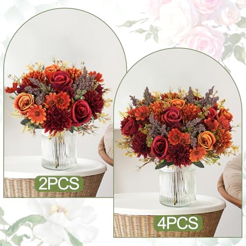 Dremisland Artificial Fall Flowers 4 Packs Silk Roses Bouquet Fall Decor - Image 6