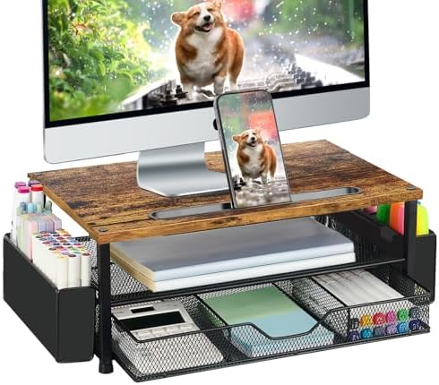 AUPSEN Wood Desk Organizers and Accessories, 2-Tier Computer Monitor Stand Riser with Drawer, Pen Storage & Phone Holder, Office Desk Accessories, Workspace Desktop Organization for Office Supplies（Brown） by AUPSEN