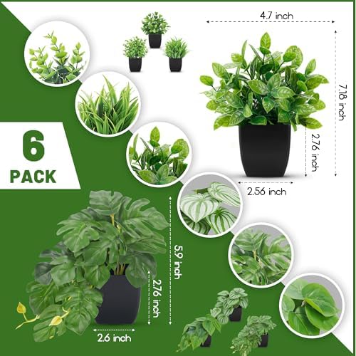 Der Rose 6Pcs Small Faux Plants Indoor with Black Pots for Bathroom Decor - Image 3