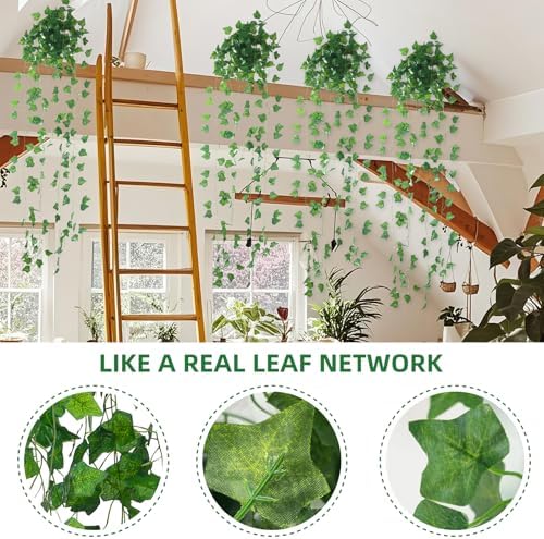 24 Pack Artificial Ivy Garland, 168 Ft Fake Vines Hanging Plants for Room Decor, 72 Leaves Aesthetic Faux Greenery Garland Pothos Leaf with Strengthened Joint Prevent Leaves Falling Off for Wall Decor - Image 2