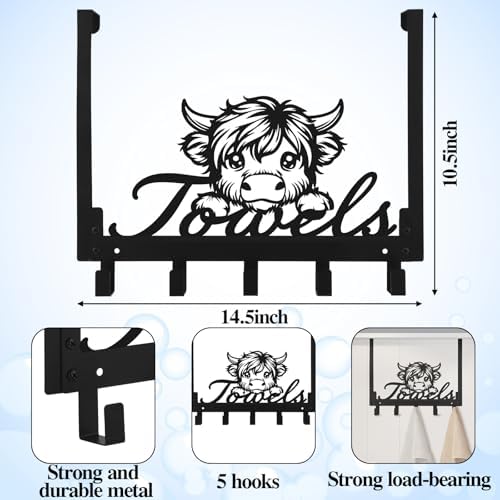 Kathfly Highland Cow Over Door Towel Rack 5 Hooks Black - Image 2