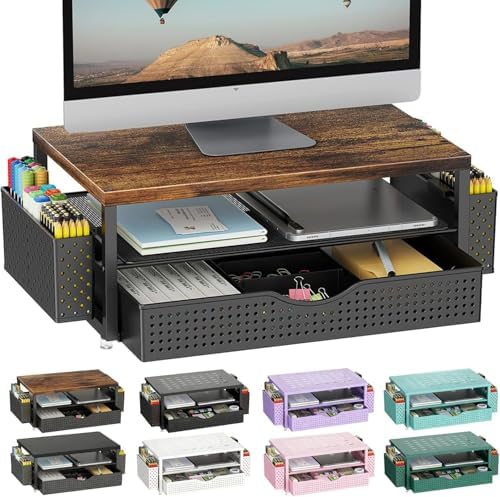 gianotter Desk Organizers and Accessories, Monitor Stand with Drawer and 2 Pen Holder, Desktop Organizer Suitable for Offices and Dormitories (Wood) by gianotter