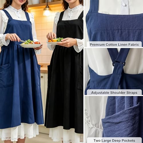 Cotton Linen Apron Cross Back Apron for Women with Pockets Pinafore Dress - Image 2