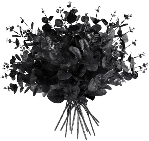 12 Pcs Black Eucalyptus Stems, 13" Fake Flowers DIY Black Silk Artificial Flowers Faux Spooky Branches for Home Halloween Farmhouse Gothic Floral Arrangements Decor by HIAGROW
