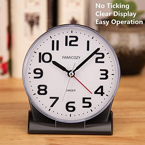 FAMICOZY 4.5" No Ticking Analog Alarm Clock,Silent Readable for Seniors,Easy to Set,Gradual Rise Alarm,Big Numbers,On/Off Switch on Side,Gentle Wake,Snooze Soft Backlight,Battery Operated,Black - Image 2