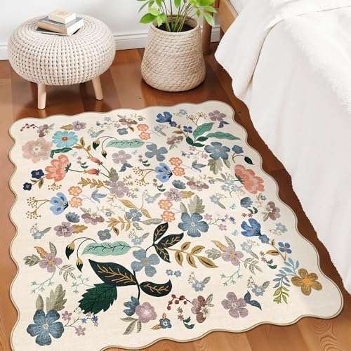 Washable 4x4 Square Area Rug: Floral Scalloped Soft Rugs for Living Room Bedroom Non Slip Bathroom Nursery Floor Mat Water Resistant Low Pile Carpet for Kitchen Entryway (4x4,Cream) - Image 2