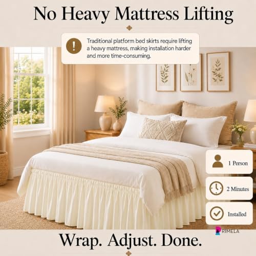 RIMELA Bed Skirts Full Size Cream Dust Ruffle 15 Inch Drop, Wrap Around Elastic Adjustable Bedskirt, Bed Skirt for Adjustable Bed Base, Soft Durable Fabric Machine Washable Easy to Install - Image 3