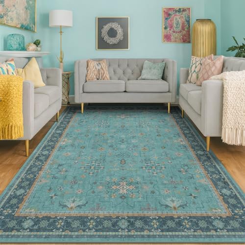 5x7 Teal Rug for Living Room, Boho Turquoise Rugs for Bedroom, Modern Eclectic Low-Pile Carpet for Dining Table, Washable Non-Slip with Rubber Back by HazoHaus