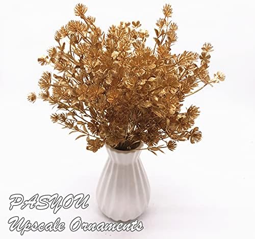 PASYOU Gold Fake Plants, Artificial Flowers Decoration for Christmas Golden Leaves Grass Plastic Faux DIY Crafts Indoor Outdoor Home Garden Party Room Bedroom Wedding Table Centerpiece Decor, 4 Pack - Image 2