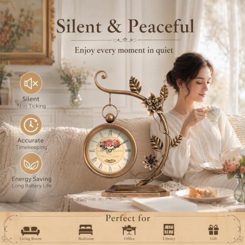 Floral Plant Desk Clock, Vintage Gold Table Clock with Leaf Pattern, Silent Non-Ticking Battery Operated Decorative Shelf Mantel Clock for Living Room Bedroom Home Decor Gift for Women - Image 4