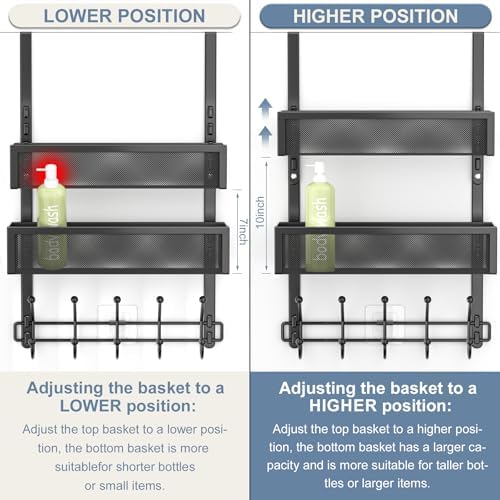 Adjustable Over The Door Hooks Organizer, Door Hanger Coat Rack with 2 Mesh Baskets and 10 Hooks, Back of Door Storage Organizer for Bedroom,Bathroom,Kitchen (Black) - Image 4
