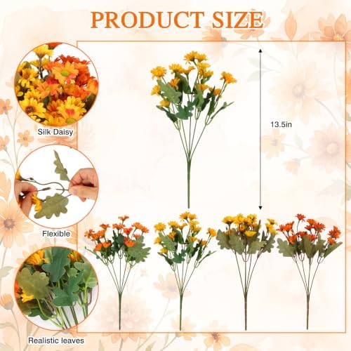 CEWOR 12 Bundles Fall Artificial Flowers for Outdoor Indoor, Fake Silk Daisy with Leaves, Autumn Faux Flower for Garden Patio Home Decor (4 Multicolor) - Image 2
