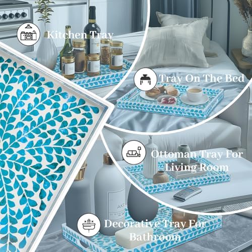 MAONAME Plastic Serving Tray with Handles, Rectangle Blue Decorative Tray - Image 7