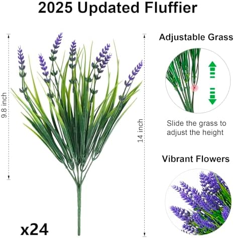 ZINHO 24 Bundles Artificial Flowers Outdoor, Faux Lavender Flowers with Grass UV Resistant Artificial Plants for Outdoor Outside Hanging Planter Window Box Garden Patio Front Porch Decor - Image 3