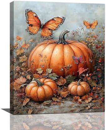 Fall Pumpkin Pictures Wall Art, Rustic Thanksgiving Bathroom Wall Decor, Farmhouse Autumn Butterfly Framed Painting Canvas Artwork for Harvest Gift Bedroom Living Room Decorations 20" L x 16" W by Taimeng