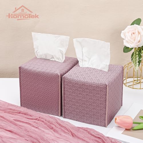 HOMOTEK 2 Pack Tissue Box Cover, Square PU Leather Tissue Holder, Decorative Facial Tissue Cube Paper Organizer Dispenser for Bathroom, Night Stands, Desk, Car 5X5X5'' - Rattan Weave,Plum Red - Image 6