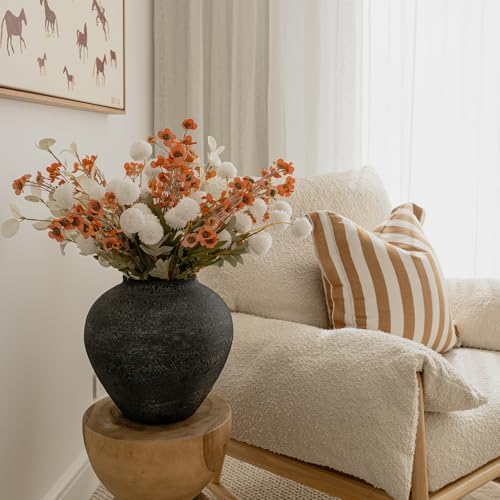 SilkSerenade White Silk Kiku Flower Arrangements with Eucalyptus & Umber Wild Flowers for Home Decor, Fake Flores Long Orange Tall Mums Earthy Rust Stems Artificial Floral Kitchen Dining Centerpieces - Image 7