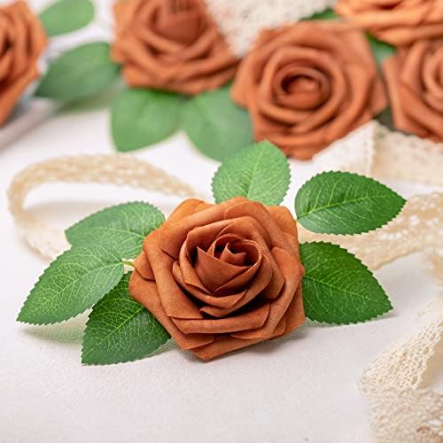 Mocoosy 50Pcs Burnt Orange Roses Artificial Flowers, Rust Fake Rose for Decoration, Real Touch Terracotta Foam Roses Bulk with Stems Wedding Bouquet Bridal Shower Centerpieces Arrangement Party Decor - Image 2