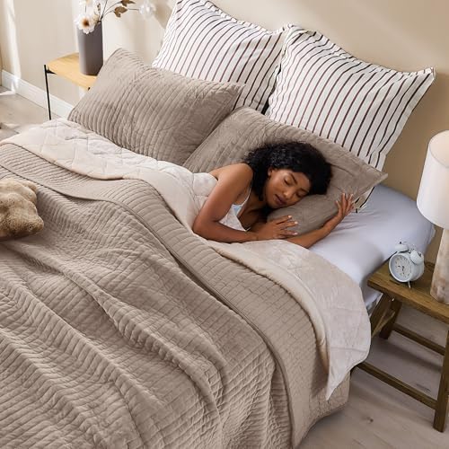 Wonderful - Velvet Quilt Set King Size Light Brown, Soft Cotton-Feel Plush Coverlet with Shams, Premium Vertical Channel Stitched, Lightweight All-Season Bedspread - Image 3