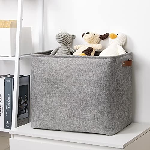 DULLEMELO Large Collapsible Storage Basket/Bin with Sturdy Leather Handles, Fabric Organizer Bin for Storage Clothes, Toys, Books, Office, Bedroom, Closet, Nursery & Laundry (Gray) - Image 6
