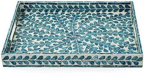 Serving Tray 15.7" X11.8", Lacquer Mother of Pearl Inlay Mosaic Tray, Rectangle Wooden Marble Tray with Handles Trays for Tea, Breakfast in Bed, Table (Blue) - Image 3