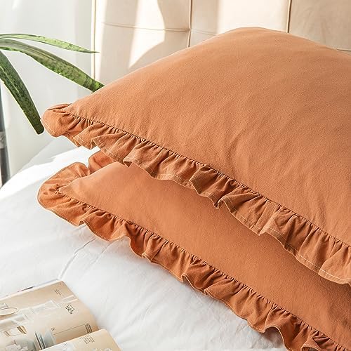 GLORY SEASON Pillow Shams Set of 2 Washed 100% Cotton Retro Ruffle Flounces Trim Solid Beige Decorative Pillow Cases for Home Bedroom Decor 20x26 Inch - Image 4