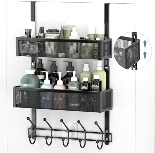 Adjustable Over The Door Hooks Organizer, Door Hanger Coat Rack with 2 Mesh Baskets and 10 Hooks, Back of Door Storage Organizer for Bedroom,Bathroom,Kitchen (Black) - Image 3