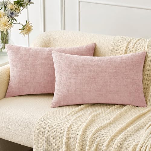 MIULEE Soft Chenille Lumbar Throw Pillow Covers Pink 12x20 Inch Pack of 2 by MIULEE