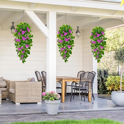 BLEUM CADE Artificial Hanging Flowers for Outdoors, 4pcs Fake Hanging Plants Pothos Vines with Purple Flowers for Wall Home Living Room Indoor Outdoor Decor (No Baskets) - Image 5