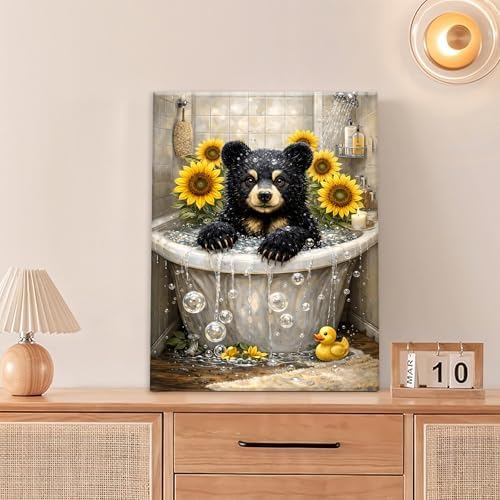 Sunflower Bear Bathroom Decor Pictures Wall Art, Funny Bear Bathroom Wall Decor, Animal Framed Painting Canvas Artwork for Bathroom Bedroom Living Room Decorations 20" L x 16" W - Image 2