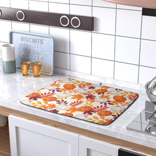 Fall Dish Drying Mat for Kitchen Counter Autumn Orange White Pumpkin Maple Leaves Dishes Drying Pad Thanksgiving Absorbent Microfiber Dish Drainer Rack Mat Holiday Dish Mat 16x18 Inch - Image 5