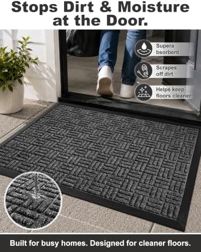 Mibao Front Door Mat Outdoor Entrance, 29.5" x 17" Heavy Duty Welcome Mat for Outdoor and Indoor, Waterproof Dirt Trapper Doormat, Super Absorbent Indoor Entryway Mat for Patio & Porch - Gray - Image 3