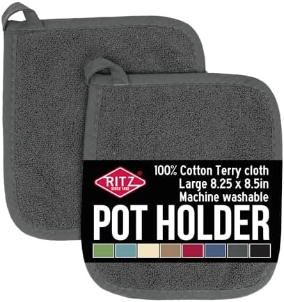 RITZ Terry Potholder & Hot Pad: Unparalleled Heat Resistant, Durable 100% Cotton – Ergonomically Designed for Optimal Grip – Easy-Care Machine Washable – 2-Pack, Graphite by RITZ