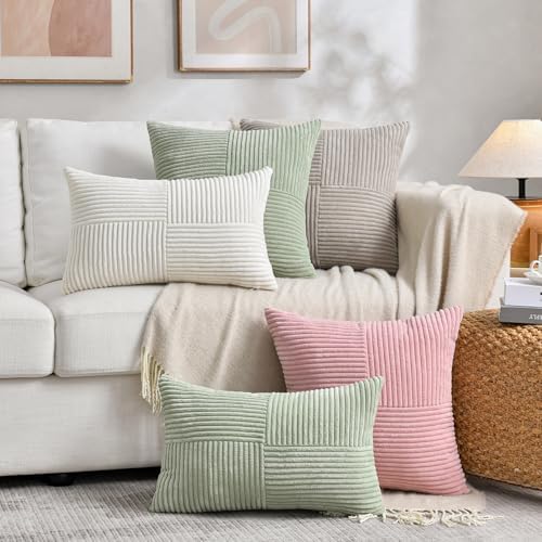 Fancy Homi 2 Packs Blush Pink Decorative Throw Pillow Covers 18x18 Inch for Living Room Couch Bed, Rustic Farmhouse Boho Home Decor, Soft Corss Corduroy Patchwork Textured Square Cushion Case 45x45 cm - Image 7