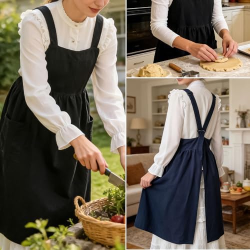 Cotton Linen Apron Cross Back Apron for Women with Pockets Pinafore Dress - Image 4