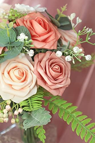 Floroom Artificial Flowers 25pcs Real Looking Coral Ombre Colors Foam Fake Roses with Stems for DIY Wedding Bouquets Bridal Shower Centerpieces Floral Arrangements Party Tables Home Decorations - Image 3