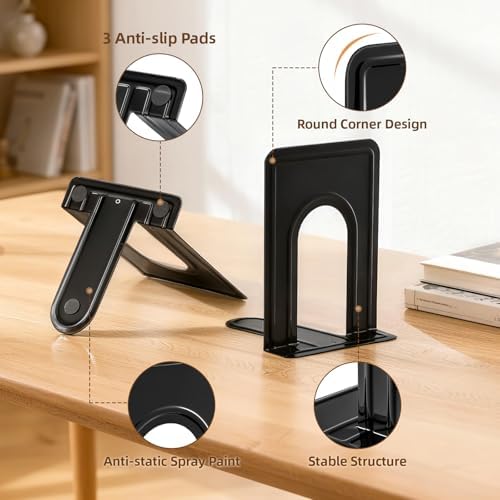HappyHapi 3 Pairs Book Ends, Heavy Duty Bookends for Shelves, Black - Image 3