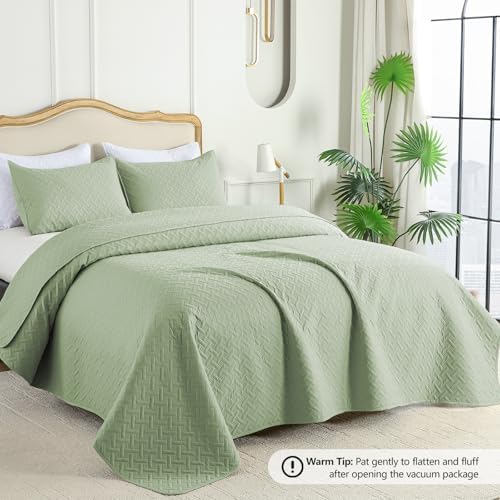 FLYMME Twin Quilt Set, Lightweight Sage Green Bedspreads, Basket Weave Pattern,Ultra Soft Microfiber Bedspread Bed Coverlet 2 Pieces for All-Seasons (1 Quilt, 1 Shams) - Image 2