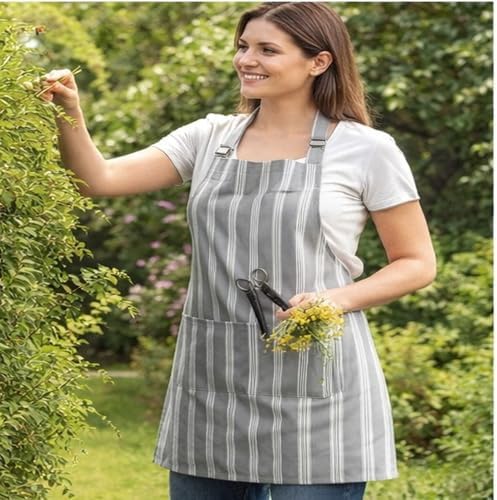 AMOUR INFINI Cotton Striped Aprons for Women with Pockets - Adjustable Strap and Waist Ties Printed Apron for Baking, Cooking, Gardening (27.5 x 33 Inches - Gray) - Image 3