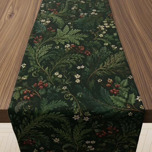 Christmas Party Decorations - Evergreen Holly Berry Xmas Table Runner by OHOME
