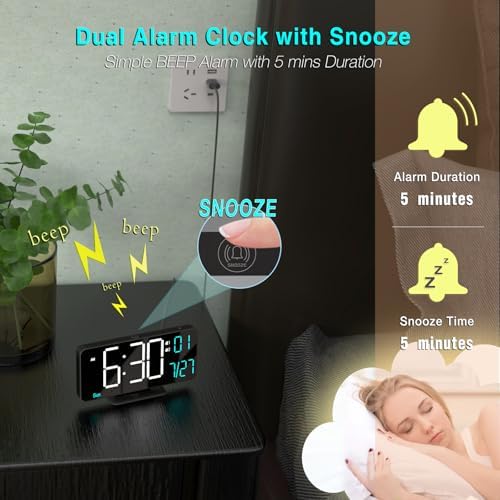 KOSUMOSU Digital Clock for Bedroom 6.7in Small Digital Alarm Clock Black, Dimming,12/24h,Date,Day of Week, Indoor Temperature,Desk Clocks for Classroom, LED Clocks for Living Room, Digital Calendar - Image 6