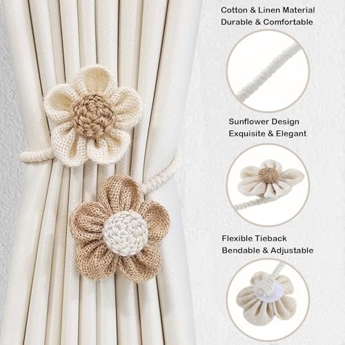 SRG Curtain Tiebacks for Curtains 2 Pack, Decorative Curtain Holdbacks for Drapes, Handmade Tie Backs No Drilling for Home Bedroom Window Decor – Sunflower Cream Khaki - Image 3