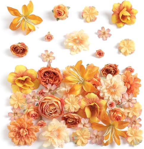 rongflower Fake Flower Heads for Crafts - Orange Silk Artificial Roses, Peonies, Daisies & Mini Floral Heads Bulk (48-Pack) for Wedding Decor, Graduation Cap, Cake Topper, Baby Shower, Home Decoration by rongflower