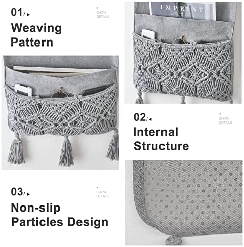 Mkono Macrame Armchair Caddy, Boho Couch Armrest Organizer, 4 Pockets Grey - Image 4